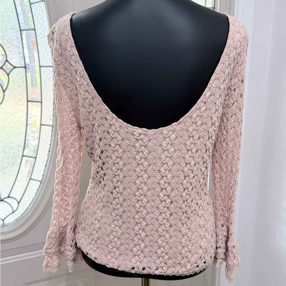 Free People Cream Crochet Lace Boho Scoop Back Long Sleeve Top – Size Small - Picture 5 of 11